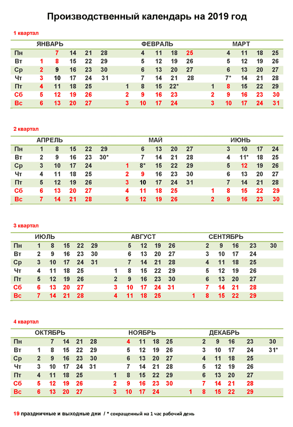 Производственный календарь 2019 с праздниками и выходными, утвержденный